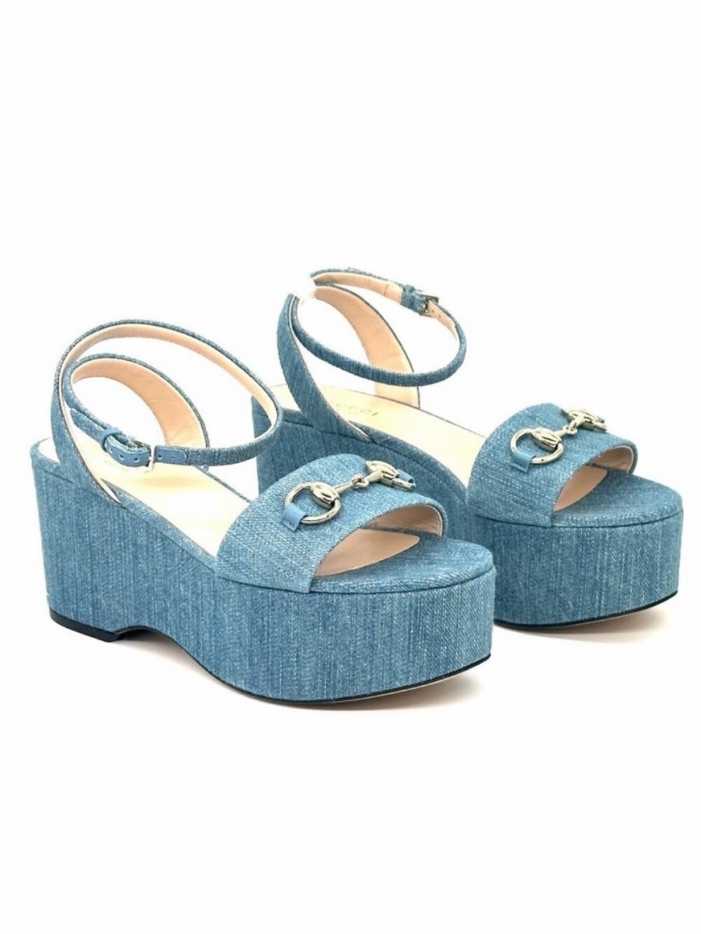 GUCCI LADY HORSEBIT BLUE DENIM LEATHER ANKLE STRAP PLATFORM SANDALS SZ 38.5 NEW